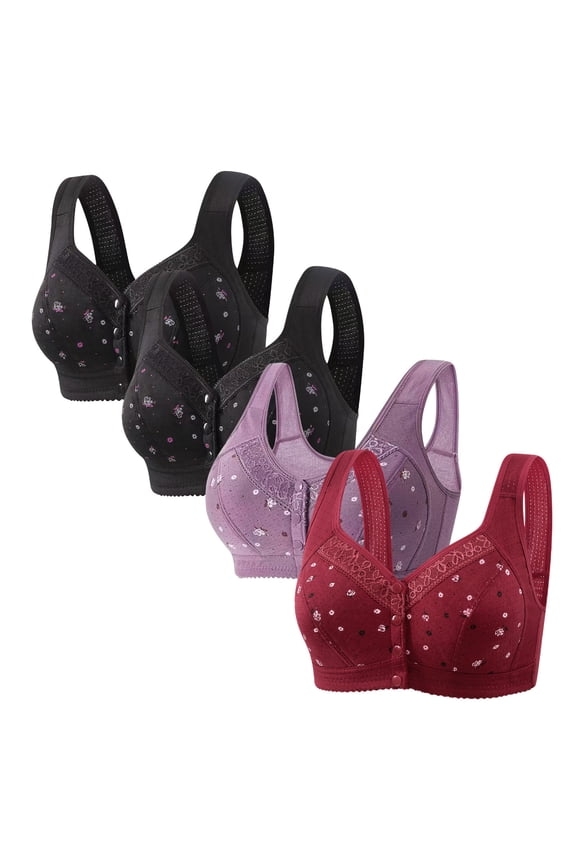 Front Closure Bras for Women Bralettes for Women 4PCS Push up Bralettes Wireless Lift Leisure Full Coverage Bras with Wide Straps Solid Embroidered Underwear for Lady Dance XXL Black