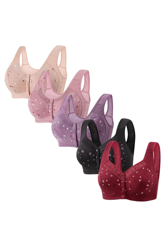 Front Closure Bras for Women Bralettes for Women Plus Size 5-Pack Supportive Bras No Underwire Deep Cup Retro Full Coverage Bralette Solid Embroidered Underwear for Older Women Athletic M Pink