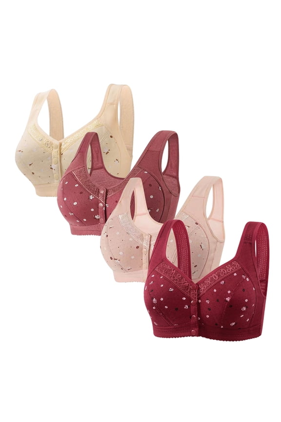 Front Closure Bras for Women Bras for Women Pack 4PCS Push up Bras Wireless Anti-Sagging Retro Full Coverage Bralettes with Wide Straps Solid Embroidered Underwear for Lady Swim S Beige