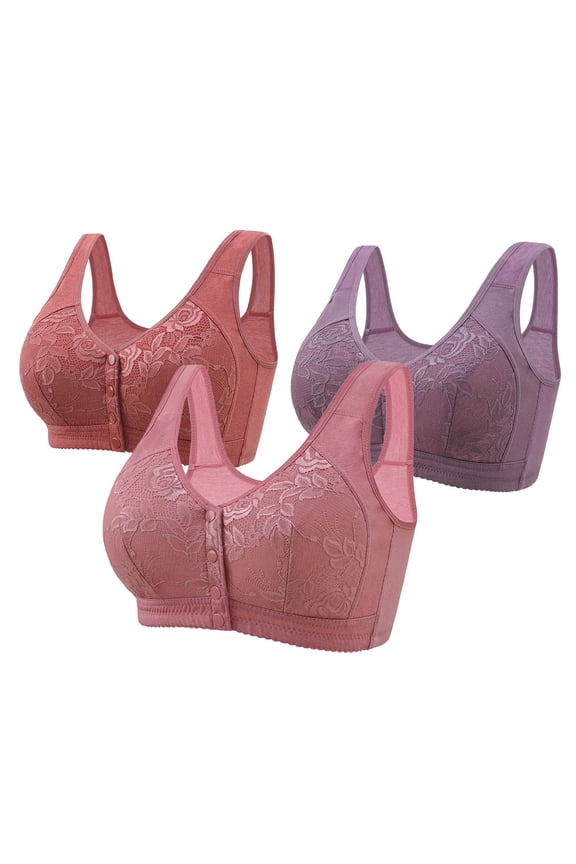 Front Closure Bras for Women Bras for Women No Underwire 2-Pack Push up Bralette Wireless Lift Retro Full Coverage Bralette Solid Embroidered Underwear for Lady Running 48/110 Purple
