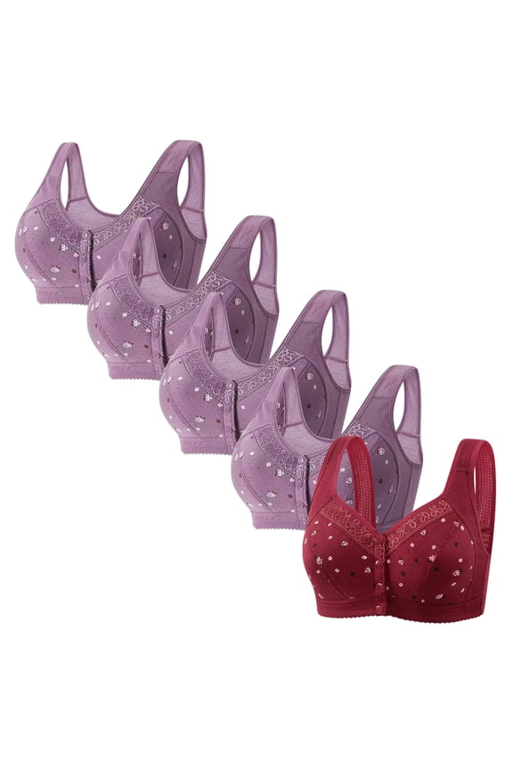Front Closure Bras for Women Bras for Women No Underwire 5PCS Supportive Bralettes No Underwire Underarm Smoothing Retro Full Coverage Bralette Solid Embroidered Underwear for Ladies L Purple