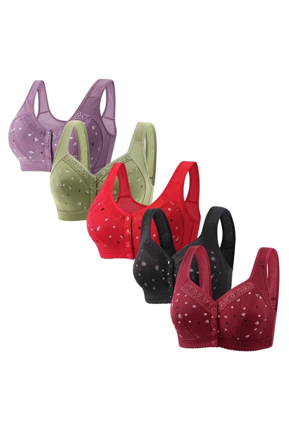 Front Closure Bras for Women Bras for Women No Underwire 5PCS Supportive Bralettes Wireless Lift Retro Full Coverage Brassiere Solid Embroidered Underwear for Ladies Running XXL Purple