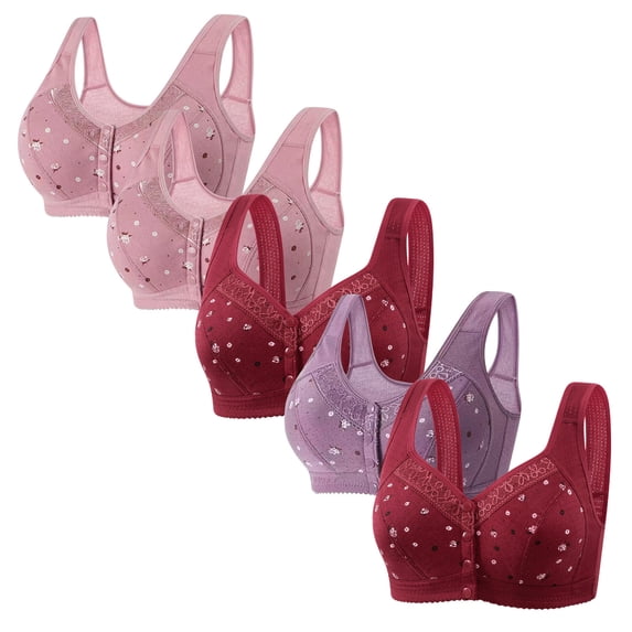 WIZUTIZ Front Closure Bras for Women Compression Bra for Women 5-Pack Supportive Bras Wireless Anti-Sagging Comfort Full Coverage Bralettes Solid Embroidered Underwear for Ladies Fitness L Pink