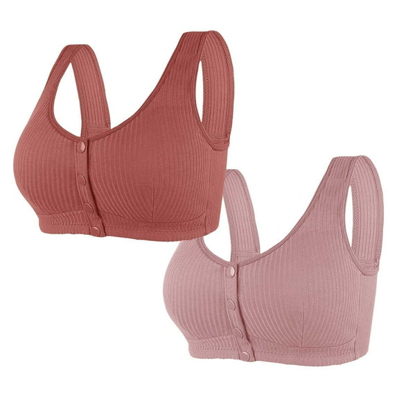 WIZUTIZ Front Closure Bras for Women Plus Size Bras for Women 2PCS Supportive Brassiere Wirefree Lift Breathable Full Coverage Bras with Wide Straps Solid Embroidered Underwear for Lady Gym M Pink