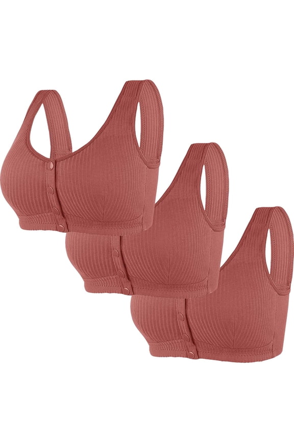 Front Closure Bras for Women Plus Size Bras for Women 3-Pack Supportive Bralettes No Underwire Plunging Retro Full Coverage Bras Solid Ribbed Underwear for Ladies Athletic L（40/90） Brown