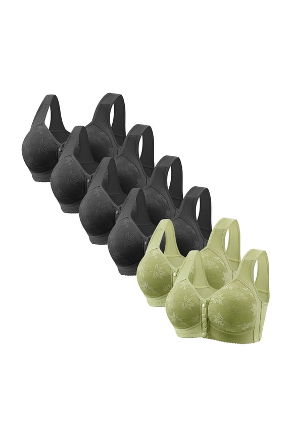 Front Closure Bras for Women Push up Bras for Women 6-Pack Push up Bras Wireless Plunge Retro Full Coverage Brassiere Floral Print Embroidered Underwear for Ladies Fitness XXXXXL Green