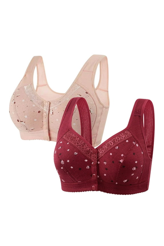 Front Closure Bras for Women Supportive Bras for Women 2-Pack Push up Bralette Wirefree Plunging Leisure Full Coverage Bralettes Daisy Print Underwear for Lady Hiking XXL Multi-Color