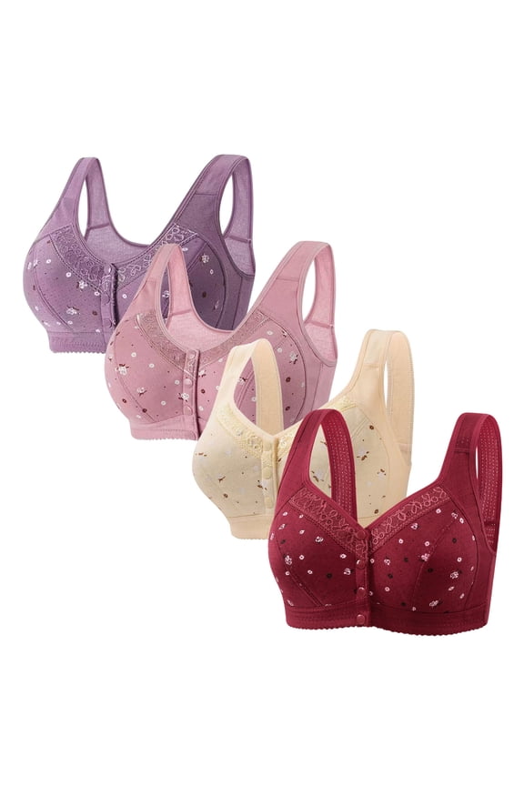 Front Closure Bras for Women Supportive Bras for Women 4PCS Push up Bralette No Underwire Lift Retro Full Coverage Bralettes Solid Embroidered Underwear for Older Women Running XL Purple
