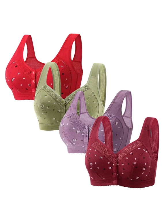 Front Closure Bras for Women No Underwire Bras for Women 4-Pack Push up Bralettes Wireless Plunging Plus Size Full Coverage Bralettes Solid Embroidered Underwear for Lady Hiking XXXL Red