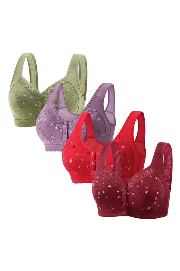 Front Closure Bras for Women No Underwire Bras for Women 4PCS Push up Bras No Underwire Deep Cup Retro Full Coverage Bralettes Solid Embroidered Underwear for Ladies Athletic XXXL Green