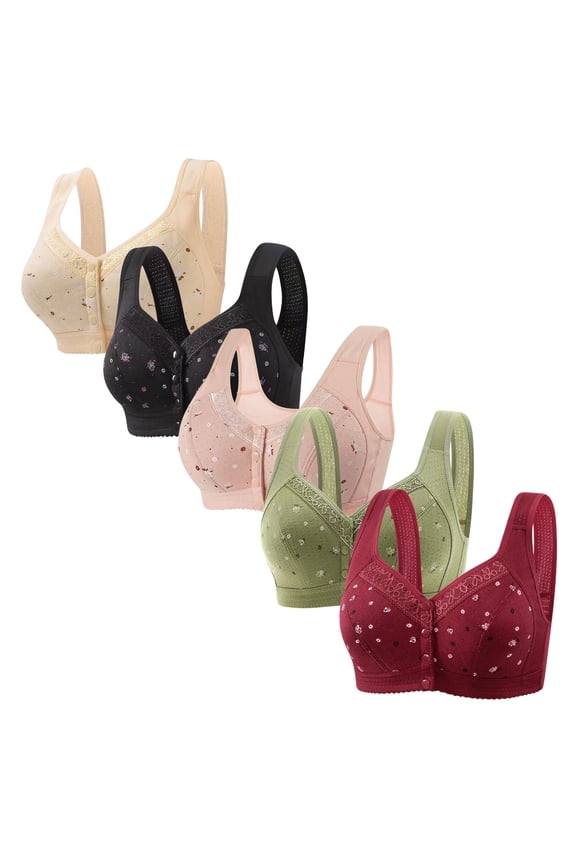 Front Closure Bras for Women No Underwire Bras for Women 5-Pack Supportive Bras Wirefree Deep Cup Retro Full Coverage Brassiere Solid Embroidered Underwear for Lady Running XXXL Beige
