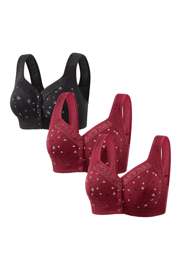 Front Closure Bras for Women Wireless Bras for Women 3-Pack Push up Brassiere No Underwire Posture Correcting Retro Full Coverage Brassiere Solid Embroidered Underwear for Older Women S Black