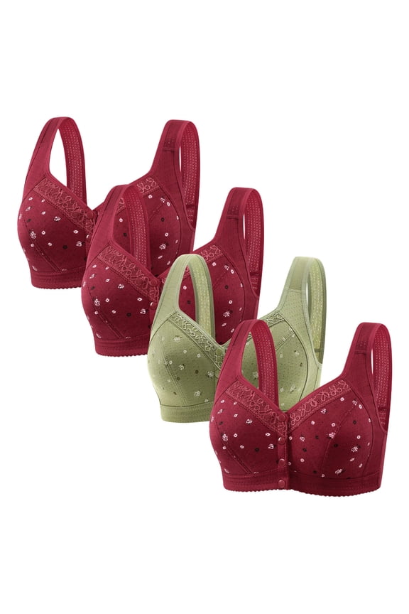 Front Closure Bras for Women Wireless Bras for Women 4-Pack Push up Bralettes No Underwire Deep Cup Retro Full Coverage Bralettes Solid Embroidered Underwear for Older Women M Multi-Color
