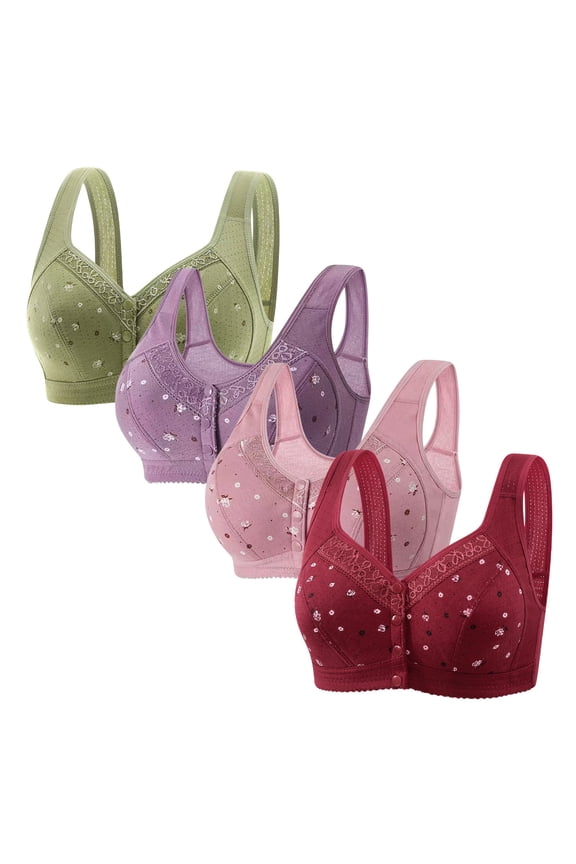 Front Closure Bras for Women Wireless Bras for Women 4-Pack Push up Bralettes Wirefree Anti-Sagging Retro Full Coverage Bras Solid Embroidered Underwear XXXXL Green