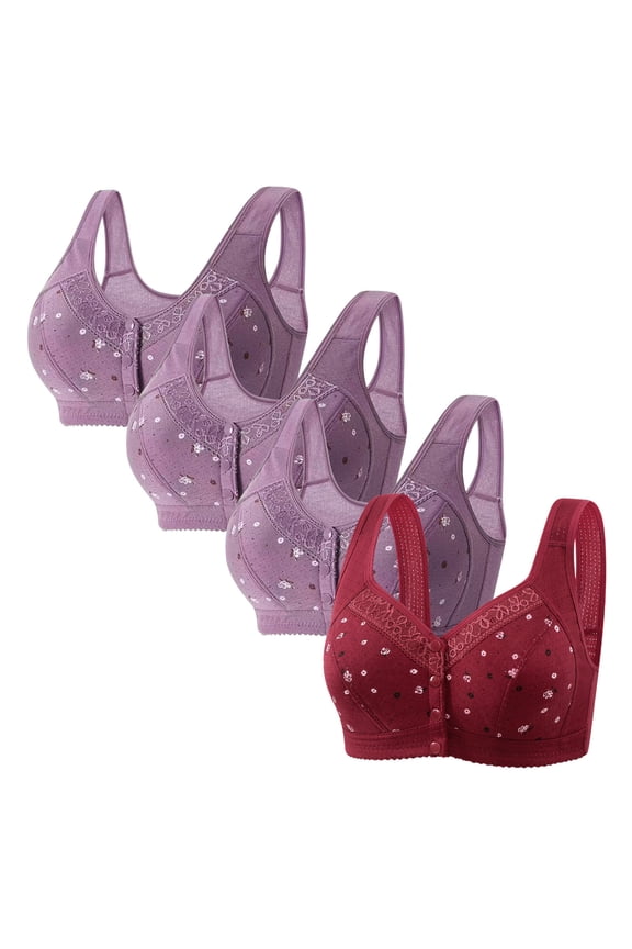 Front Closure Bras for Women Wireless Bras for Women 4-Pack Push up Bralettes Wireless Posture Correcting Retro Full Coverage Bralettes Solid Embroidered Underwear for Ladies XXXXL Purple