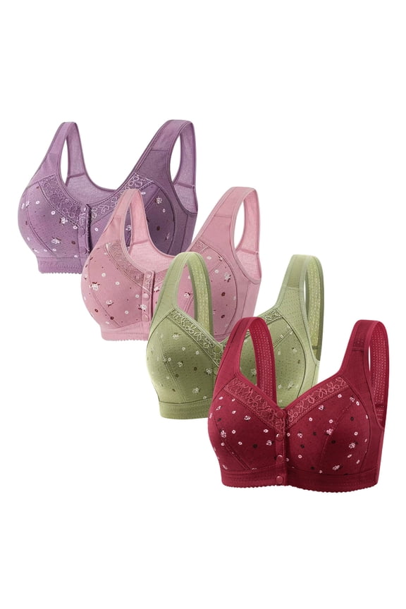 Front Closure Bras for Women Wireless Bras for Women 4-Pack Push up Bras No Underwire Posture Correcting Retro Full Coverage Brassiere Solid Embroidered Underwear for Ladies Swim XXXXL Purple