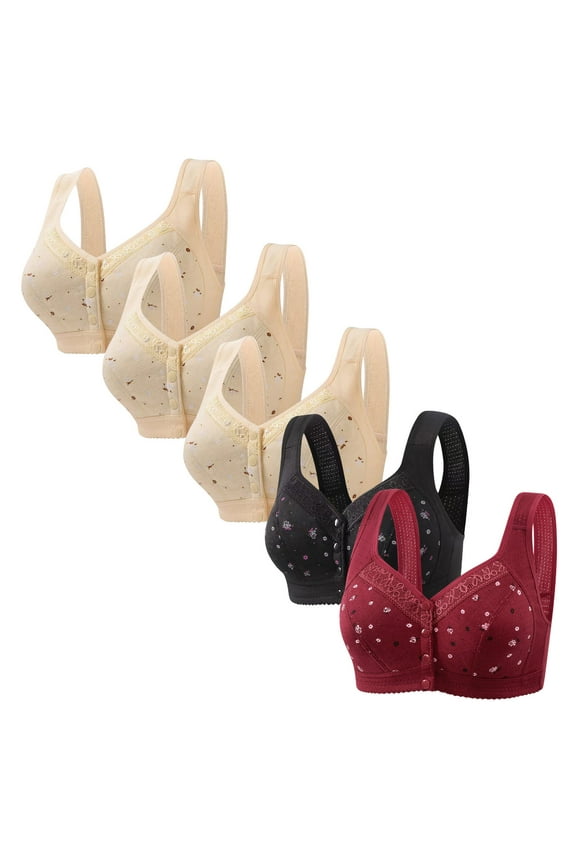 Front Closure Bras for Women Womens Bras 5PCS Supportive Bralettes Wirefree Posture Correcting Retro Full Coverage Bralette Solid Embroidered Underwear XXXXL Beige