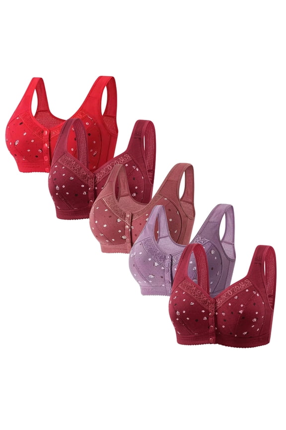 Front Closure Bras for Women Womens Bras for Older Women 5PCS Supportive Bralettes Wireless Posture Correcting Casual Full Coverage Bralettes Solid Embroidered Underwear for Ladies XXL Red