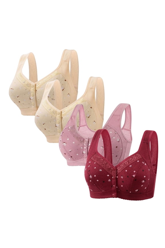 Front Closure Bras for Women Womens Bras No Underwire 4-Pack Push up Bras Wireless Plunge Retro Full Coverage Brassiere with Wide Straps Solid Embroidered Underwear for Lady Hiking L Beige