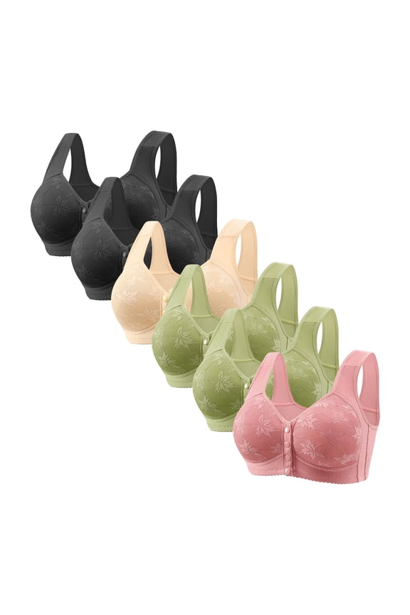 Front Closure Bras for Women Womens Bras No Underwire 6PCS Push up Bralette Wireless Plunging Retro Full Coverage Bralette Floral Print Embroidered Underwear for Ladies Hiking XXXXXL Green