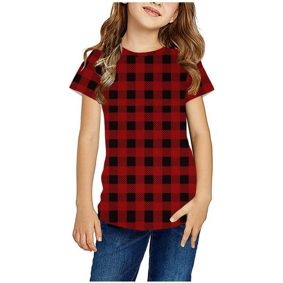 WIZUTIZ Girls Shirts Size 10-12 Loose Fit Blouse Tops Plaid T-shirt Crew Neck Short Sleeve Tee for Girl Plus Size Blouse Tops Cute Design Go Shopping Red 11-12 Years