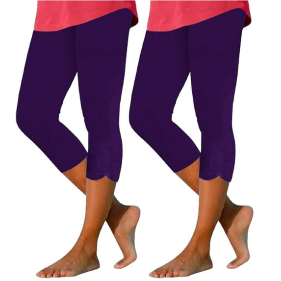 WIZUTIZ Gym Leggings for Women Capri Oversized Casual Slim Tailored Yoga Cropped Pants Spandex Elastic High Rise 2PC Cropped Pants Solid Leggings for Ladies Swim Club Purple