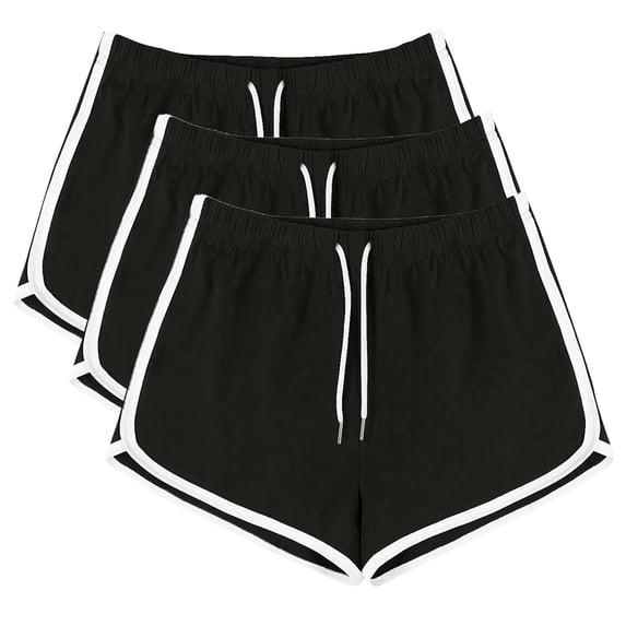 WIZUTIZ Hiking Shorts Women Comfy Casual Fitted Running Dolphin Shorts 3 Packs Stretch Elastic Mid Rise Split Drawstring Swim Shorts Sunflowers Print Swimwear for Ladies Swimming Pool Black