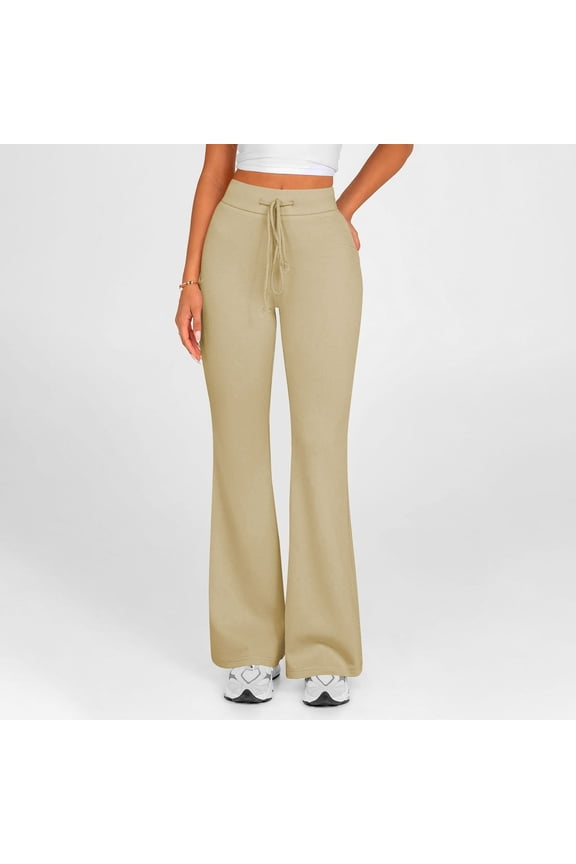 Leggings for Women Flared Drawstring Vintage Casual Slim Yoga Leggings Elastic Spandex High Rise Full Length Pants Solid Sweatpants for Teen Girls Gym Vacation Beige