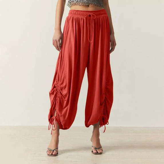 WIZUTIZ Linen Pants Women Capris Breathable Trendy Baggy Wide Leg Trousers Spandex Elastic Mid Rise Sweatpants Solid Drawstring Flowy Smocked with Pockets Palazzo Pants Running Vacation Red