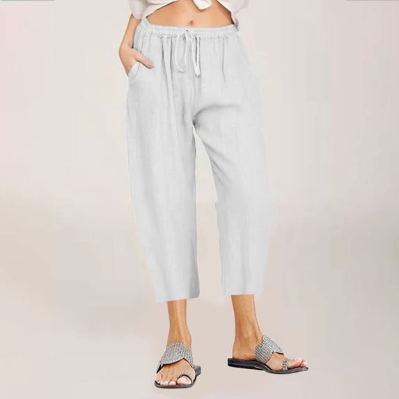 WIZUTIZ Linen Pants Women Capris Classic Trendy Loose Wide Leg Slacks Pants Elastic Spandex Mid Rise Cropped pants Solid Drawstring with Pockets Cropped pants Tiktok Trend Items Work White