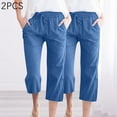 thumbnail image 1 of WIZUTIZ Linen Pants Women Capris Oversized Leisure Relaxed Fit Wide Leg Summer Pants Elastic Spandex Mid Rise Palazzo Pants Solid Drawstring with Pockets Beach Pants for Lady Athletic Outdoor Blue, 1 of 4