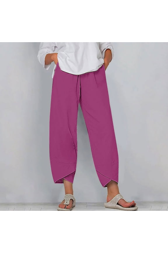 Linen Pants for Women Capris Retro Leisure Relaxed Fit Wide Leg Slacks Pants Elastic Stretch Mid Rise Sweatpants Solid Tailored with Pockets Slacks Pants for Ladies Pull On Beach Pink