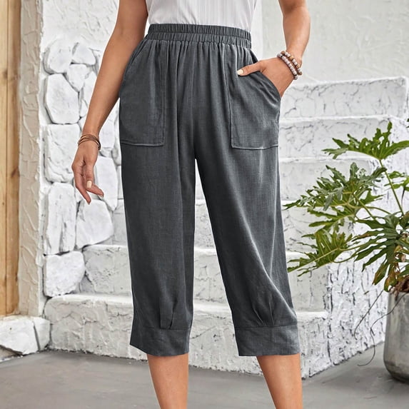WIZUTIZ Linen Pants Women Cropped Capris Retro Casual Loose Wide Leg Trousers Elastic Stretch Mid Rise 3/4 Length Beach Pants Solid Pleated with Pockets Slacks Pants for Ladies Workout Travel Gray