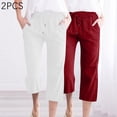 thumbnail image 1 of WIZUTIZ Linen Pants Women Petite Capris Soft Leisure Loose Wide Leg Palazzo Pants Spandex Elastic 2 Pcs Mid Rise Slacks Pants Solid 2-Pack Drawstring with Pockets Summer Pants Beach Red, 1 of 4