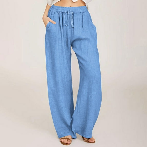 WIZUTIZ Linen Pants Women Retro Stylish Relaxed Fit Wide Leg Pants Elastic Spandex High Waist Full Length Palazzo Pants Solid Drawstring with Pockets Trousers for Lady Fitness Outdoor Blue