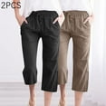 thumbnail image 1 of WIZUTIZ Linen Pants Women Summer Capris Comfy Leisure Loose Wide Leg Trousers Elastic Spandex 2 Pcs Mid Rise Slacks Pants Solid 2-Pack Drawstring with Pockets Slacks Pants Running Vacation Brown, 1 of 4