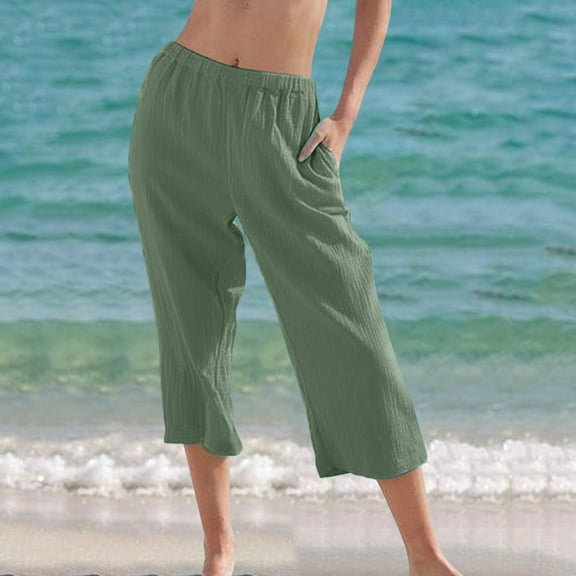 WIZUTIZ Linen Pants Women Summer Capris Oversized Casual Loose Wide Leg Slacks Pants Elastic Stretch Mid Rise Summer Pants Solid with Pockets Sweatpants Tiktok Trend Items Birthday Green
