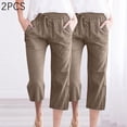 thumbnail image 1 of WIZUTIZ Linen Pants Women Wide Leg Capris Breathable Relaxed Loose Wide Leg Slacks Pants Stretch Elastic Mid Rise Pants Solid Drawstring with Pockets Pants for Teen Girls Fitness Travel Brown, 1 of 5