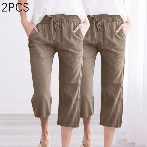 WIZUTIZ Linen Pants Women Wide Leg Capris Breathable Relaxed Loose Wide Leg Slacks Pants Stretch Elastic Mid Rise Pants Solid Drawstring with Pockets Pants for Teen Girls Fitness Travel Brown