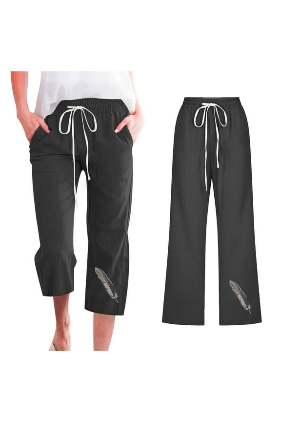 Linen Pants Women Wide Leg Capris Lightweight Stylish Relaxed Fit Wide Leg Beach Pants Elastic Spandex Mid Rise Trousers Feather Print Drawstring with Pockets Pants Gym Party Black