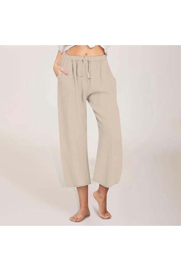 Linen Pants Women Wide Leg Capris Plain Leisure Relaxed Fit Wide Leg Pants Stretch Elastic Mid Rise Trousers Solid Drawstring with Pockets Palazzo Pants Tiktok Trend Items Beach Beige