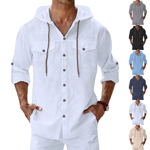 WIZUTIZ Linen Shirts for Men Long Sleeve Hooded Button Down Summer Casual Hawaiian Beach Wear Tops Lightweight Fashion Hoodies