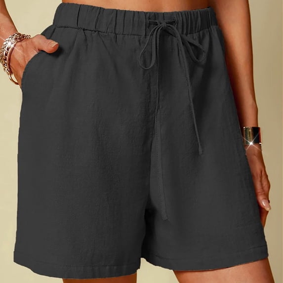 WIZUTIZ Long Shorts for Women Wide Leg Leisure Sports Baggy Shorts High Waist Solid Shorts Above the Knee with Pockets Drawstring Trousers for Ladies Fitness Club Black Linen