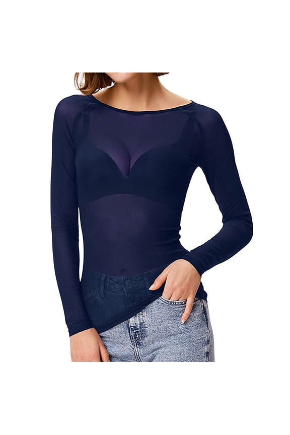 Long Sleeve Sexy See Through Blouse Womens Fashionable Round Neck Solid Sheer Shirt Seamless Arm Shaper Top for Women