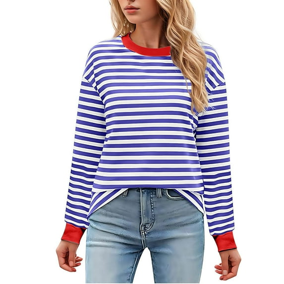 WIZUTIZ Long Sleeve Tops for Women Plus Size Sweatshirt Women's Fashionable Loose Casual Striped Color Blocking Round Neck Long Sleeved Top Online Shopping