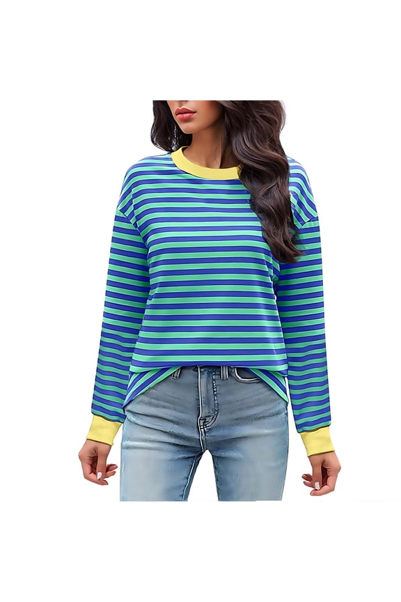 Long Sleeve Tops for Women Plus Size Tshirt Women's Fashionable Loose Casual Striped Color Blocking Round Neck Long Sleeved Top