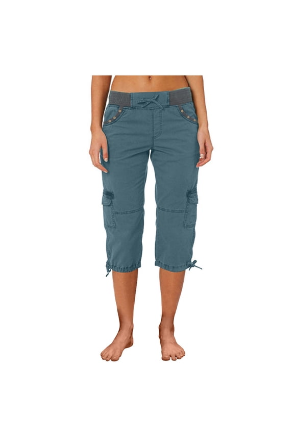 Lounge Pants Women Capris Comfy Relaxed Capris Cropped Pants Spandex Elastic Cargo Pants Slacks Pants Solid Drawstring Palazzo Pants Multi Pockets Slacks Pants Fitness Anniversary Blue