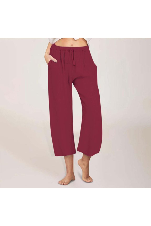 Lounge Pants Women Capris Ultra Thin Relaxed Loose Wide Leg Slacks Pants Elastic Spandex Mid Rise Cropped pants Solid Drawstring Straight Leg with Pockets Beach Pants Office Vacation Red