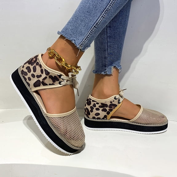 WIZUTIZ Low Heel Sandals for Women Dressy Sandals Women Comfortable Vintage Elastic Hollow Out Sandals Pull-On Summer Shoes Mid Heel (2"-3") Wide Leopard Animal Print Sandals for Lady Travel Beige