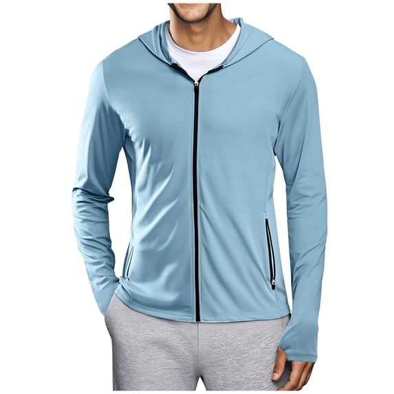 WIZUTIZ Men UPF 50+ Sun Protection Hoodie Light Jacket Full Zip Hooded Long Sleeve Shirts for Hiking Fishing Athletic Running
